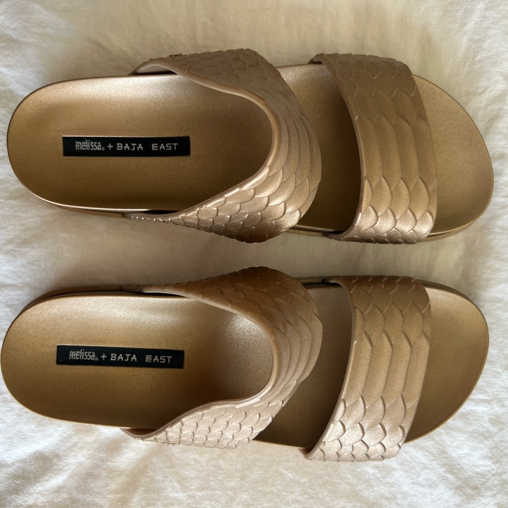 Melissa + Baja East Gold Cosmic Python Slides Size 8